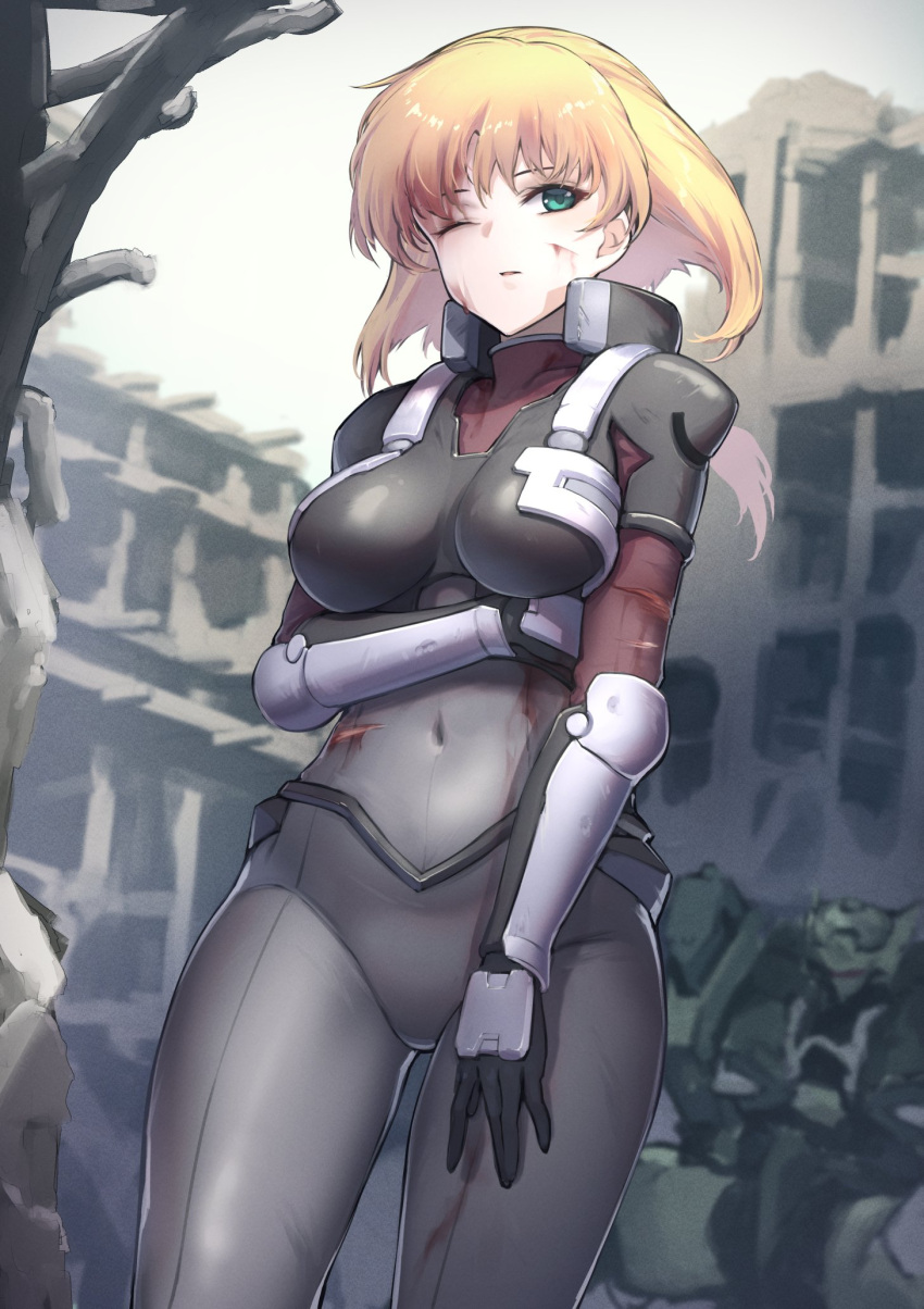 blonde_hair blue_gender bodysuit breasts bullseye_(blue_gender) covered_navel cropped_jacket female green_eyes grey_bodysuit highres itaco long_hair looking_at_viewer marlene_angel mecha medium_breasts one_eye_closed open_mouth pilot_suit ponytail robot science_fiction solo