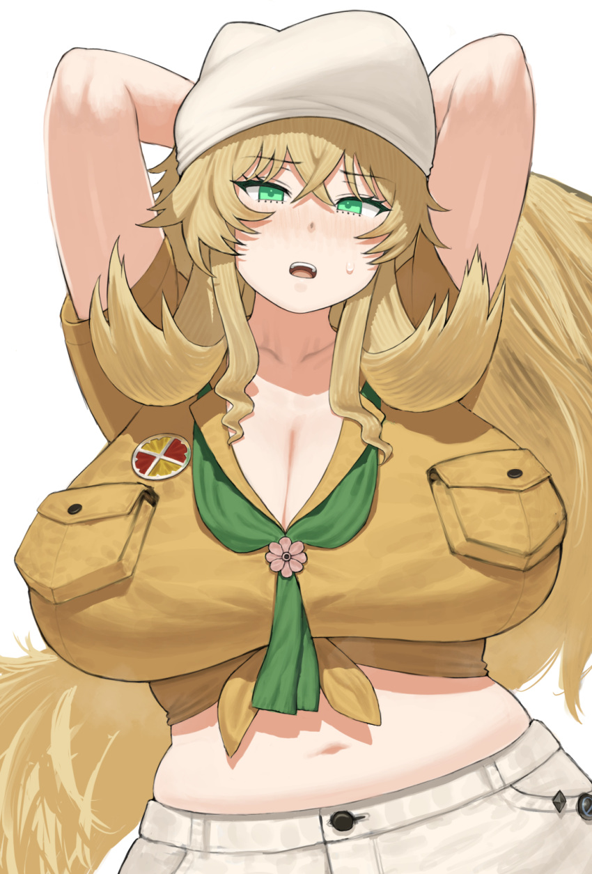 arms_behind_head arms_up barghest_(fate) barghest_(swimsuit_archer)_(fate) barghest_(swimsuit_archer)_(first_ascension)_(fate) blonde_hair blush breasts cleavage commentary_request fate/grand_order fate_(series) female green_eyes grey_hat grey_skirt hat high_ponytail highres huge_breasts long_hair looking_at_viewer maruko_tooto midriff navel neckerchief open_mouth plump shirt short_sleeves sidelocks skirt solo thighs tied_shirt yellow_shirt