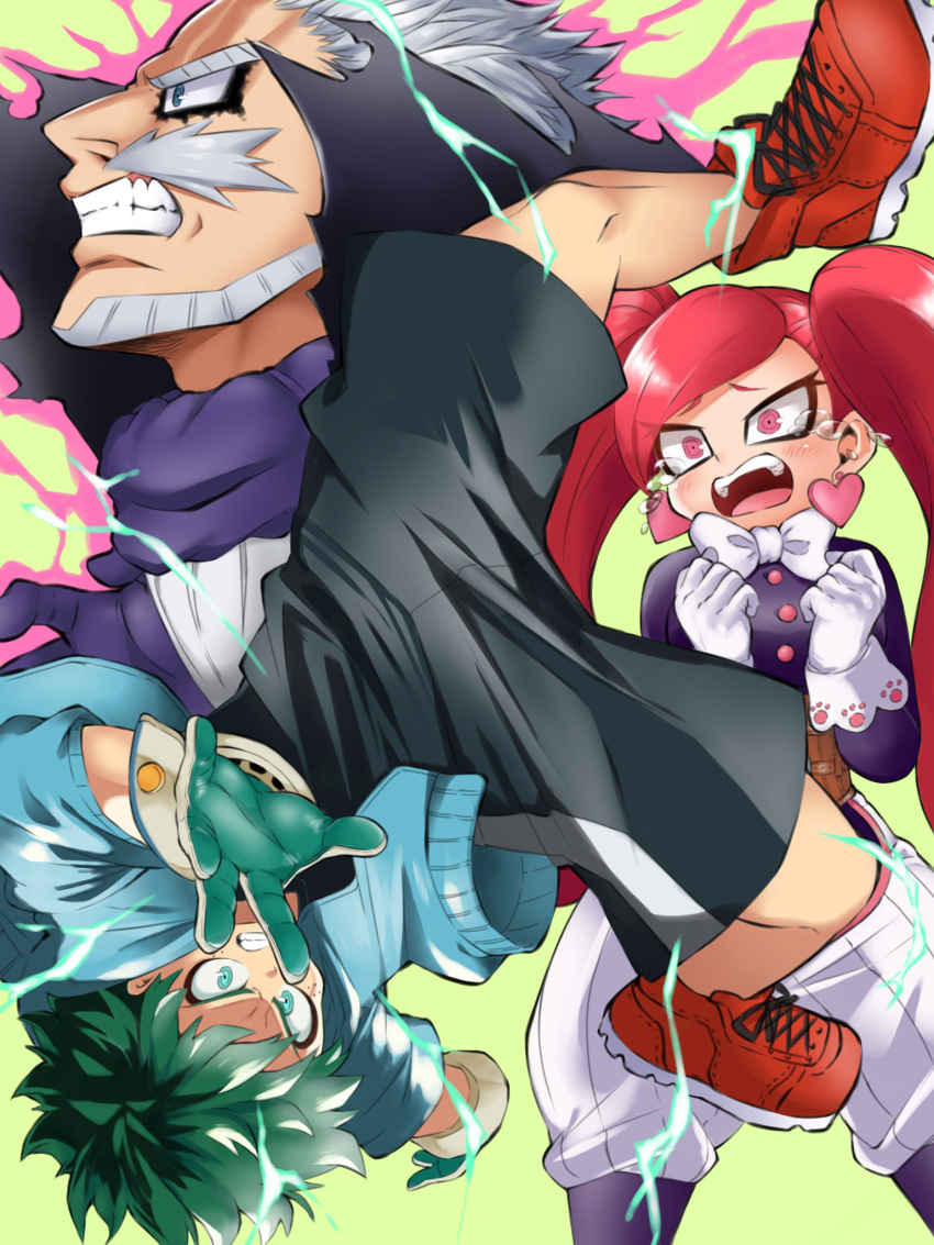 2boys @_@ aura beard black_shorts boku_no_hero_academia commentary cross-laced_footwear crying crying_with_eyes_open earrings facial_hair female freckles frown full_cowling_(boku_no_hero_academia) gentle_criminal gloves green_hair green_jacket grey_hair grimace heart heart_earrings highres jacket jewelry la_brava lightning long_hair long_sleeves looking_at_another midoriya_izuku moustache multiple_boys open_mouth pants penguin_maru_(penginmaru) purple_eyes purple_shirt red_eyes red_footwear red_hair shirt shoes short_hair short_sleeves shorts striped_clothes striped_pants tears twintails upside-down vertical-striped_clothes vertical-striped_pants white_gloves white_pants yellow_background