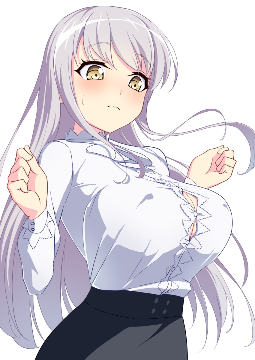 bang_dream! breasts bursting_breasts button_gap commentary_request female grey_skirt highres large_breasts light_purple_hair long_hair long_sleeves minato_yukina roselia_(bang_dream!) sakamata_(sakamata4) shirt skirt white_background white_shirt yellow_eyes