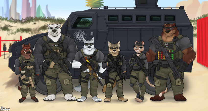 2022 anthro ar-15 armored_vehicle assault_rifle bear benelli_m4 brown_bear bulletproof_vest canid canine canis canis_wulfen cougar dane_wolfrich_(grizzlygus) dimitri_borlov_(grizzlygus) disney felid feline female grizzly_bear group gun gus_(grizzlygus) holstered_pistol kodiak_bear law_enforcement male mammal mp7 olaf_andersen_(grizzlygus) operator polar_bear police psakorn_tnoi ranged_weapon rifle scar shell_(projectile) shooting_range shotgun shotgun_shell size_difference special_forces suid suina sus_(pig) swat tactical tactical_gear tail_around_partner ursine valerie_(grizzlygus) weapon wild_boar wolf zootopia