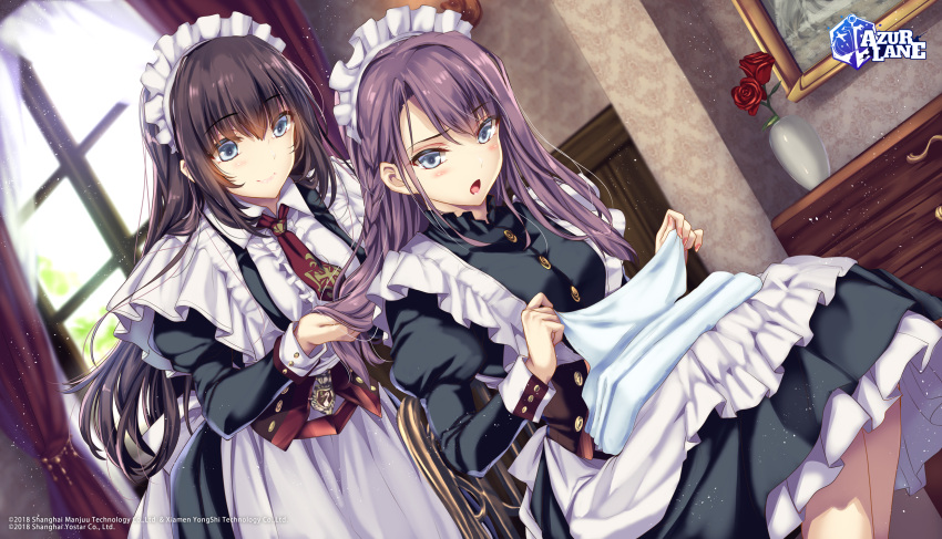 2girls apron azur_lane black_hair blue_eyes braid brown_hair chair chestnut_mouth commentary_request copyright_name curacoa_(azur_lane) curlew_(azur_lane) dutch_angle flower grey_eyes hair_between_eyes highres indoors juliet_sleeves light_particles long_hair long_sleeves maid maid_apron maid_headdress monety multiple_girls official_art open_mouth puffy_sleeves sitting smile vase window