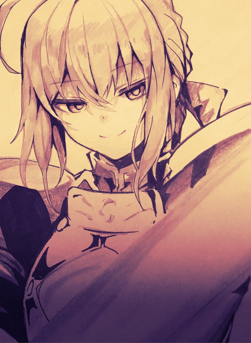 amamitsu_kousuke armor artoria_pendragon_(fate) bad_id bad_twitter_id braid braided_bun closed_mouth fate/stay_night fate_(series) female greyscale hair_bun half-closed_eyes highres ink_(medium) long_hair looking_at_viewer monochrome photo_(medium) saber_(fate) smile solo traditional_media