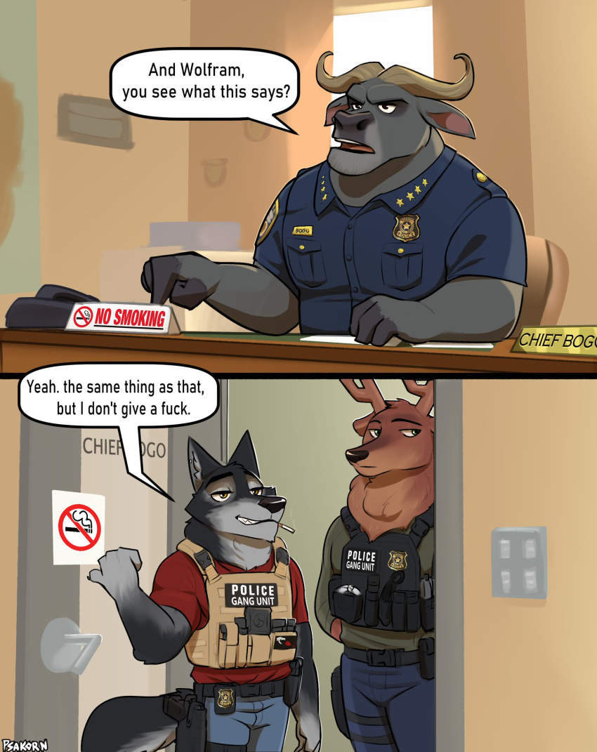 2023 anthro axel_wolfram badge bovid bovine bulletproof_vest canid canine canis cape_buffalo cervine chief_bogo clothing deer detective dietrich_"red"_burkhart disney english_text group hi_res holstered_pistol lethal_weapon male mammal no_smoking office police police_chief police_station police_uniform psakorn_tnoi red_deer smoking tactical_gear text trio uniform wolf zootopia