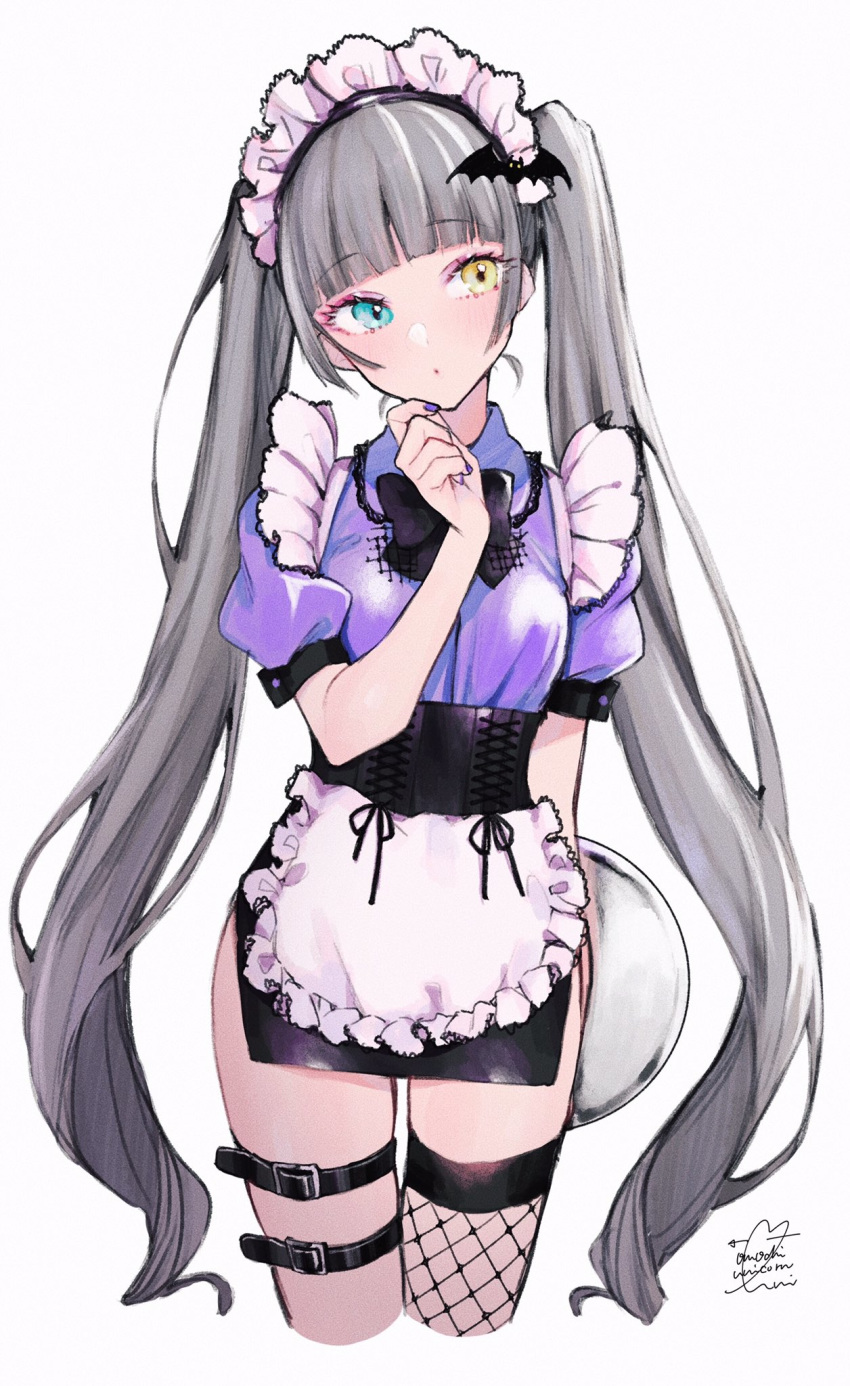 :o apron arm_at_side bat_hair_ornament black_bow black_bowtie blue_eyes blunt_bangs blush bow bowtie buckle closed_mouth collared_shirt commentary cowboy_shot cropped_legs cross-laced_clothes eyelashes eyeshadow female fingernails fishnet_thighhighs fishnets frilled_apron frilled_hairband frills grey_hair hair_ornament hairband haishima_kagari hand_on_own_chin hand_up head_tilt headdress heterochromia high-waist_skirt highres holding holding_tray long_hair looking_to_the_side maid maid_apron maid_headdress makeup miniskirt nail_polish pencil_skirt puffy_short_sleeves puffy_sleeves purple_eyeshadow purple_nails purple_shirt school_girl_strikers shirt shirt_tucked_in short_sleeves side_slit sidelocks signature simple_background single_thighhigh skindentation skirt solo thigh_gap thigh_strap thighhighs tray twintails uni_(melm) very_long_hair waist_apron white_background yellow_eyes