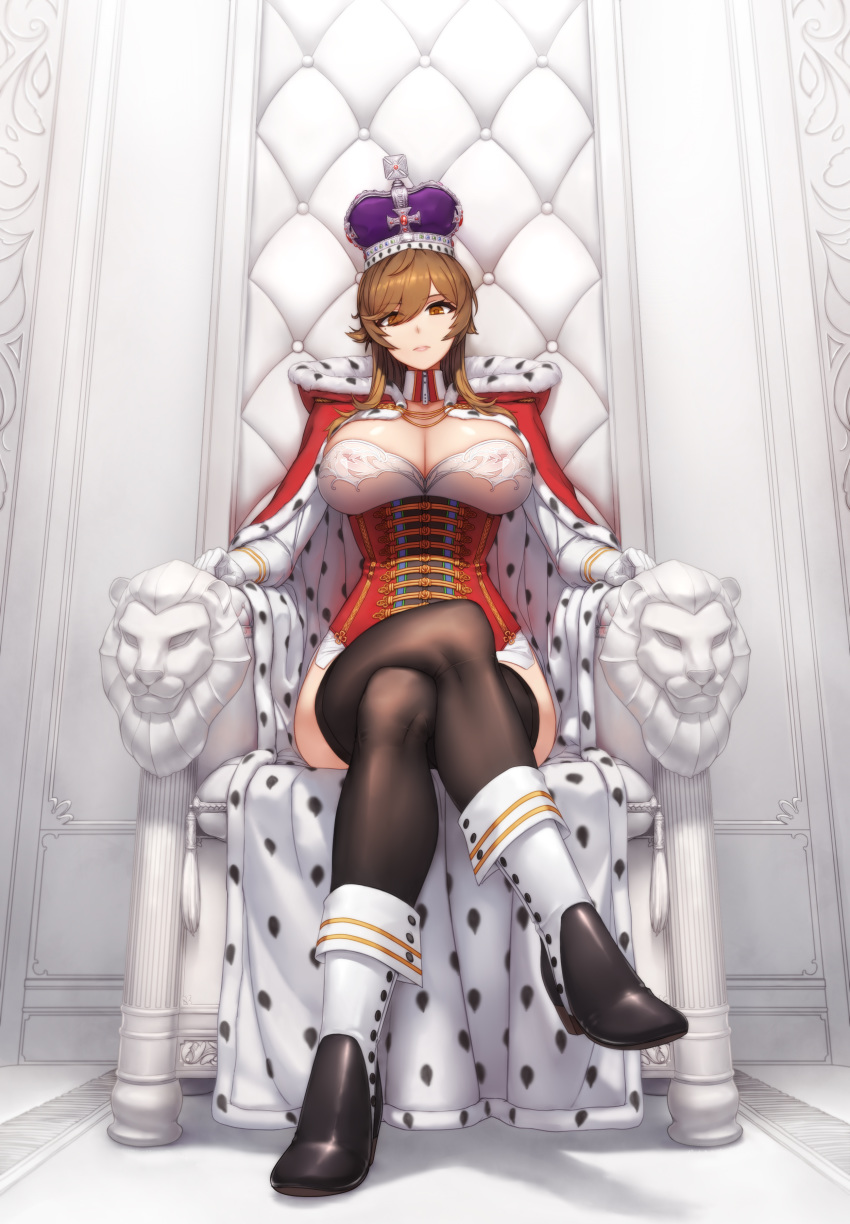 absurdres black_thighhighs boots breasts brown_eyes brown_hair cloak crossed_legs crown female fur-trimmed_cloak fur_trim gloves high_heel_boots high_heels highres king_george_v_(warship_girls_r) large_breasts long_sleeves looking_at_viewer photoshop_(medium) qingmingtongzi red_cloak sidelocks sitting solo thighhighs throne warship_girls_r white_gloves