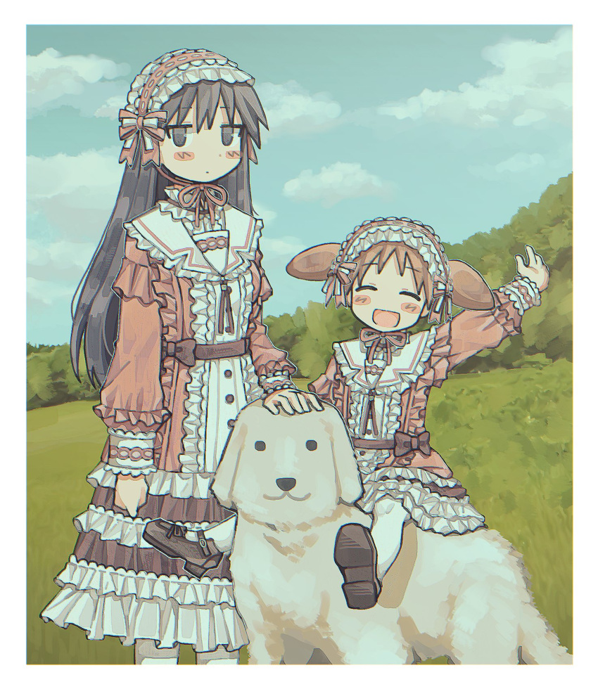 2girls azumanga_daiou bad_id bad_twitter_id black_eyes black_hair blush brown_footwear brown_hair canine closed_eyes day facing_viewer grass highres lolita_fashion long_hair long_sleeves looking_at_viewer mihama_chiyo multiple_girls open_mouth outdoors riding rnfhv sakaki_(azumanga_daioh) short_hair short_twintails smile sweet_lolita tadakichi-san twintails