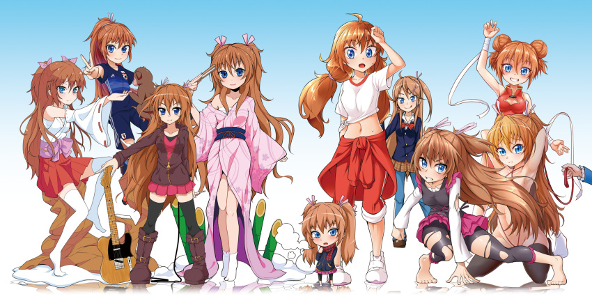 6+girls ahoge arm_up arms_behind_head bandaged_wrist bandages black_legwear blue_background blue_eyes blue_jacket blue_pants blue_shorts bow bowtie brown_cardigan brown_footwear brown_hair brown_skirt cardigan closed_mouth clothes_around_waist collarbone collared_shirt commentary_request detached_sleeves floating_hair floral_print full_body gradient_background grin guitar gun gym_uniform hair_ribbon hakama hakama_short_skirt hakama_skirt hand_on_hilt highres holding holding_gun holding_weapon hood hood_down hooded_cardigan houjou_hibiki instrument jacket jacket_around_waist japanese_clothes kanichiri kimono layered_skirt leggings long_hair long_sleeves looking_at_viewer low_twintails midriff miko miniskirt monkey multiple_girls navel nude off_shoulder open_cardigan open_clothes open_mouth outstretched_arm pants partially_unzipped pink_kimono pink_ribbon plaid plaid_skirt pleated_skirt precure print_kimono purple_skirt red_bow red_bowtie red_hakama red_jacket red_pants ribbon ribbon-trimmed_sleeves ribbon_trim sarashi school_uniform shirt shorts skirt sleeveless sleeveless_kimono smile socks stomach suite_precure thighhighs tied_hair tied_shirt torn_clothes torn_legwear torn_shirt twintails v very_long_hair weapon white_kimono white_legwear white_ribbon white_shirt wing_collar zettai_ryouiki zipper