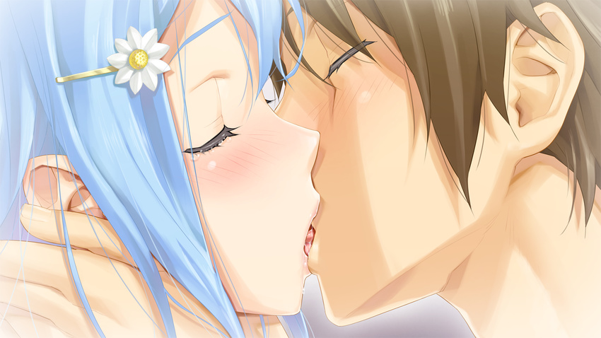 1boy bishoujo_mangekyou:_wasurenagusa_to_eien_no_shoujo bishoujo_mangekyou_(series) blue_hair blush brown_hair closed_eyes female french_kiss game_cg hair_ornament hairclip happoubi_jin kanzaki_akihito kissing sawatari_shizuku straight tears