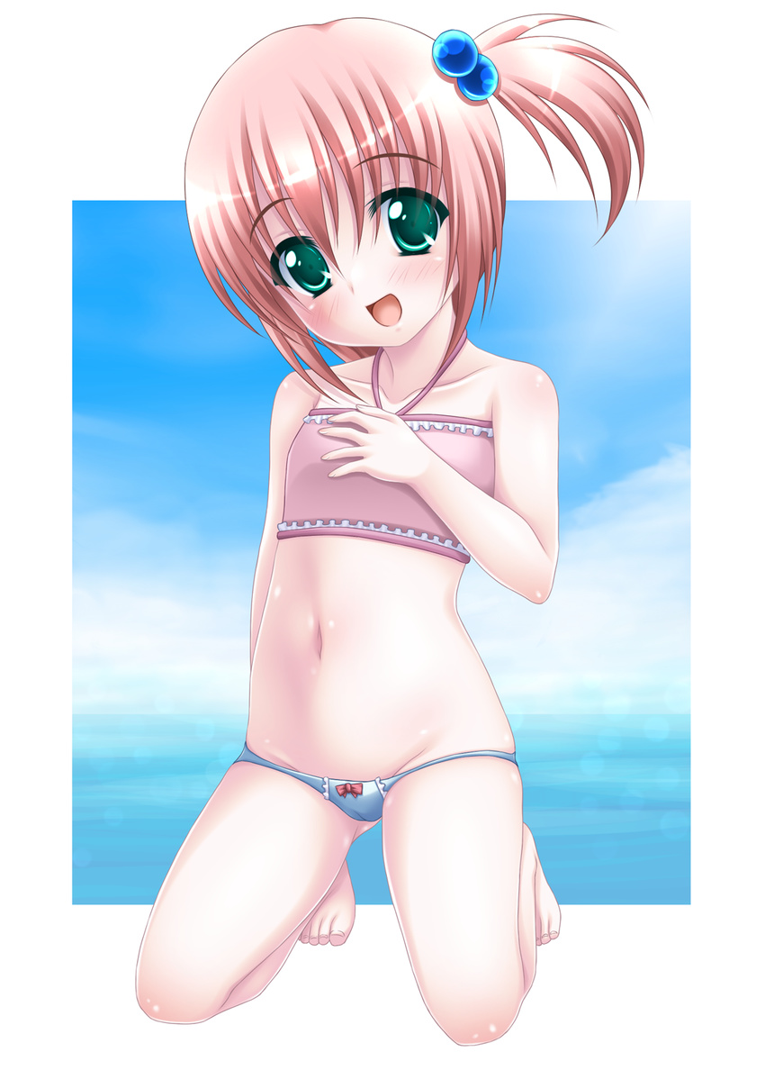 :d bad_id bad_pixiv_id bare_shoulders barefoot blush brown_hair female flat_chest green_eyes groin hair_bobbles hair_ornament hand_on_own_chest highres kneeling navel open_mouth original side_ponytail smile solo swimsuit yuunagi_kanade