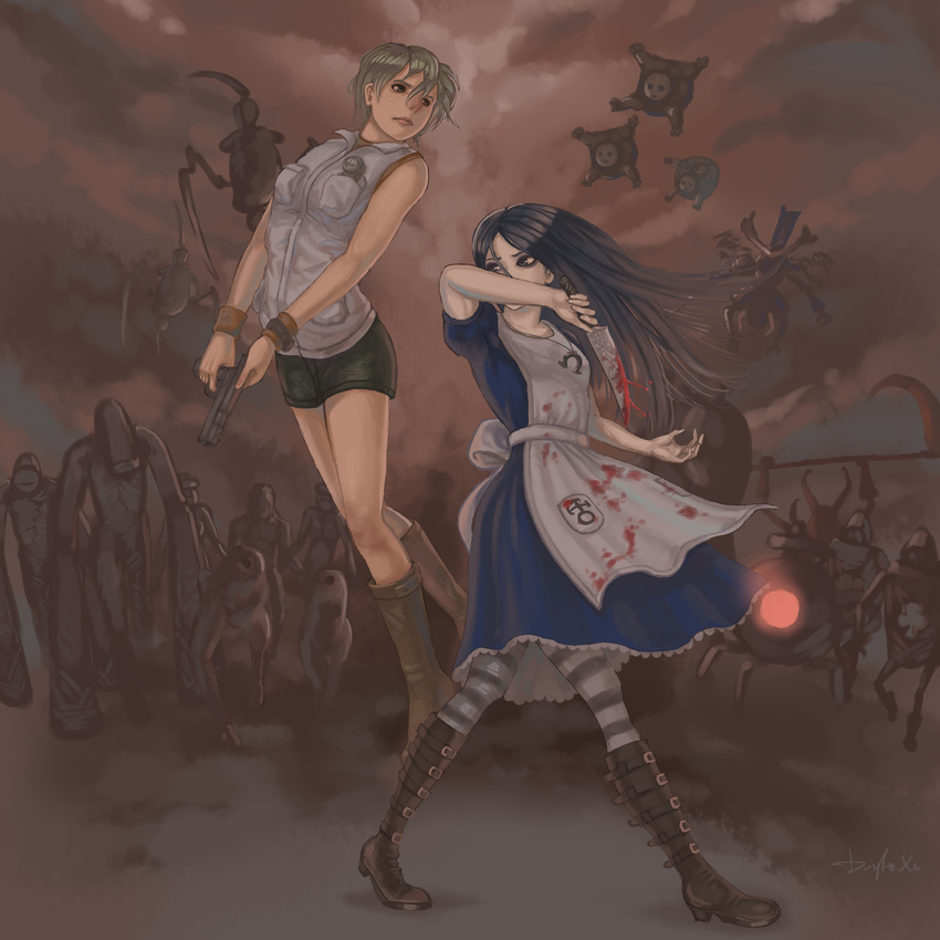 alice:_madness_returns alice_liddell_(american_mcgee's_alice) american_mcgee's_alice apron black_hair blonde_hair blood boots breasts card_knights closer closer_(silent_hill_3) commentary_request crossover dress graphite_(medium) heather_mason highres jewelry knife long_hair monster multiple_boys multiple_girls necklace numb_body nurse nurse_(silent_hill) pantyhose photoshop_(medium) short_hair silent_hill_(series) striped_clothes striped_pantyhose to_hsu traditional_media weapon