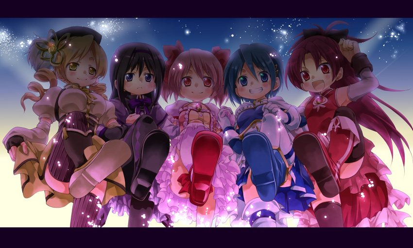 5girls akemi_homura akemi_homura_(magical_girl) boots commentary_request hat highres kaname_madoka kaname_madoka_(magical_girl) knee_boots letterboxed long_hair looking_at_viewer magical_girl mahou_shoujo_madoka_magica mahou_shoujo_madoka_magica_(anime) mekeko miki_sayaka miki_sayaka_(magical_girl) multiple_girls pantyhose ponytail pov sakura_kyoko sakura_kyoko_(magical_girl) shoe_soles shoes short_hair stepping thighhighs tomoe_mami tomoe_mami_(magical_girl) twintails