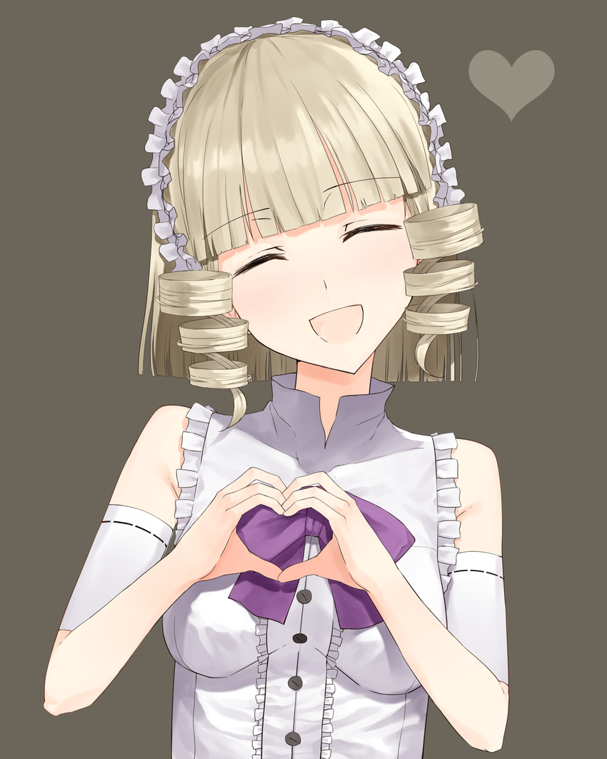 akitaka_akita blonde_hair bow bowtie closed_eyes commentary_request drill_hair female gokukoku_no_brynhildr grey_background head_tilt headdress heart heart_hands highres open_mouth purple_bow short_hair simple_background sleeveless smile solo tachibana_kana twin_drills upper_body