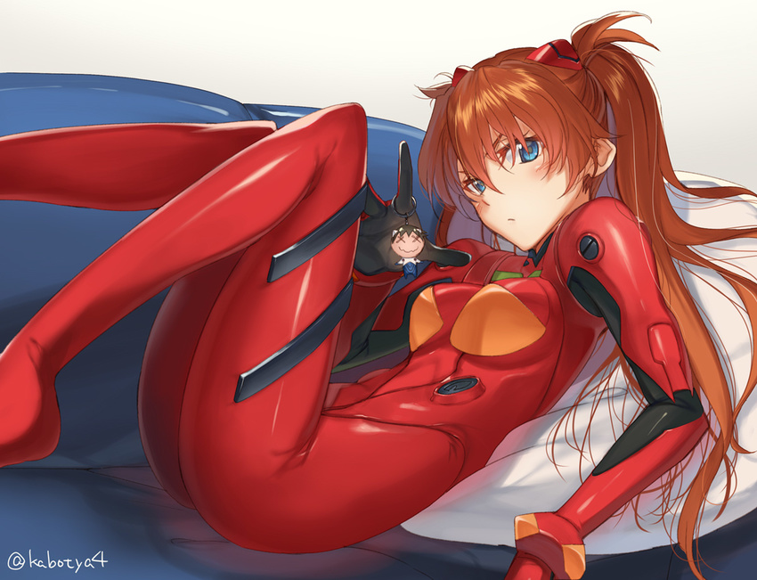 aqua_eyes bodysuit brown_hair ikari_shinji kabocha long_hair neon_genesis_evangelion signed soryu_asuka_langley twintails