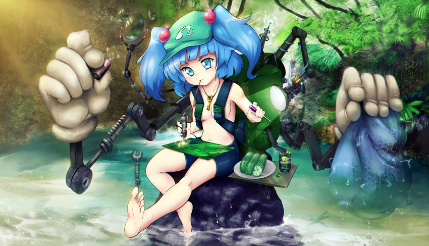 aqua_eyes backpack bag balancing barefoot battery blue_eyes blue_hair blush branch breasts can cattail collarbone commentary cucumber draw-till-death extra_arms feet female flashlight food forest fruit gloves hair_bobbles hair_ornament jewelry kawashiro_nitori key key_necklace lake leaf mechanic mechanical mechanical_arms medium_breasts midriff mirror motherboard mouth_hold nature navel necklace outdoors plant plate pond rock screw screwdriver serious short_hair short_shorts shorts sitting sitting_on_rock soda soles solo toes topless touhou tree tsurime two_side_up unworn_clothes unworn_shirt vegetable water white_gloves wrench