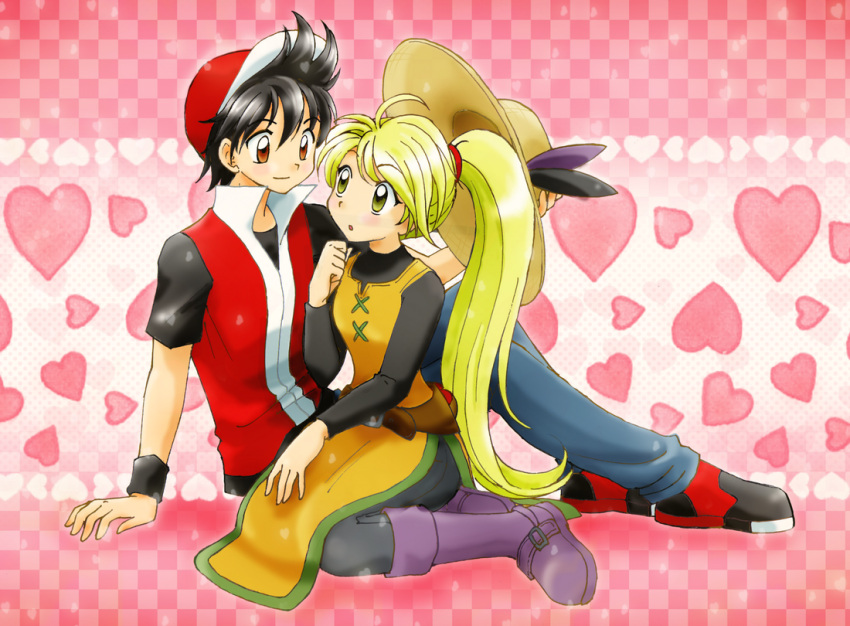 1boy baseball_cap black_hair blonde_hair boots brown_eyes checkered_background chikorita85 commentary_request couple dress female hat hat_feather heart heart_background holding holding_clothes holding_hat light_smile long_hair pink_background poke_ball pokemon pokemon_adventures red_(pokemon) side_slit straight unworn_hat unworn_headwear waist_poke_ball wristband yellow_(pokemon) yellow_dress yellow_eyes