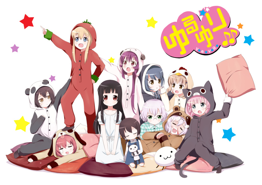 6+girls :d :o =_= akaza_akari animal_costume black_hair blonde_hair blood blue_eyes blue_hair brown_eyes brown_hair cat_costume cheek_pinching chicken_costume closed_eyes commentary_request dog_costume everyone funami_mari funami_yui furutani_himawari glasses green_eyes highres hood ikeda_chitose ikeda_chizuru index_finger_raised light_purple_hair linda_b long_hair matsumoto_rise multiple_girls no_eyewear nosebleed oomuro_sakurako open_mouth outstretched_arm pajamas panda_costume photoshop_(medium) pillow pinching pink_hair pointing purple_hair red_eyes red_hair short_hair siblings sisters smile standing star_(symbol) starry_background stuffed_animal stuffed_toy sugiura_ayano tomato_costume toshinou_kyouko v-shaped_eyebrows white_background yoshikawa_chinatsu yuru_yuri