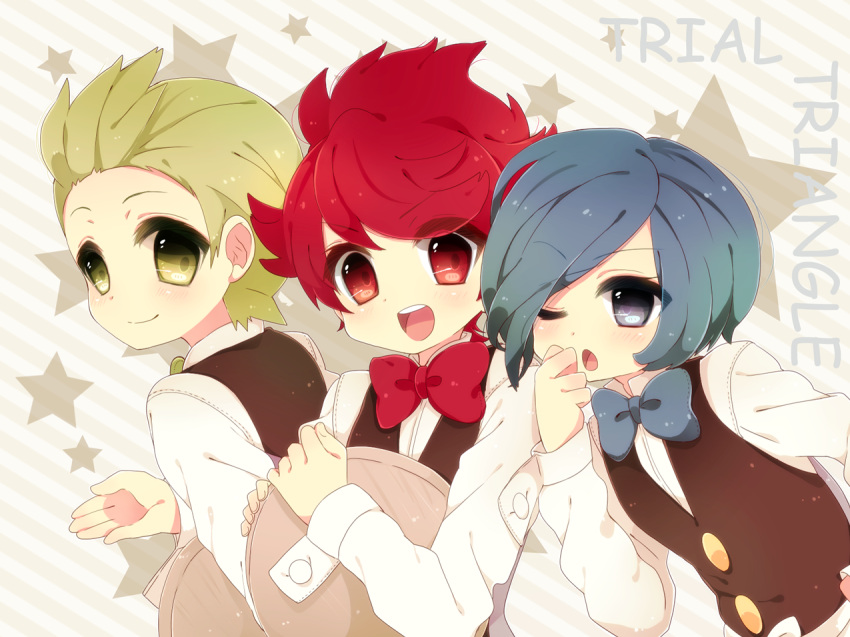 3boys :d ;o bad_id bad_pixiv_id blue_eyes blue_hair blush bow bowtie brothers chili_(pokemon) cilan_(pokemon) cress_(pokemon) english_text green_eyes green_hair looking_back male_focus multiple_boys nicole_(usako) one_eye_closed open_mouth pokemon pokemon_bw red_eyes red_hair siblings smile star_(symbol) traditional_bowtie tray triplets waiter