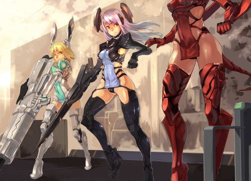 bigegg black_legwear blonde_hair bodysuit boots breasts cleavage copyright_request head_out_of_frame highres hips huge_weapon lavender_hair long_hair medium_breasts multiple_girls red_eyes red_legwear robot_ears short_hair smile sword tail thigh_boots thighhighs weapon white_legwear yellow_eyes