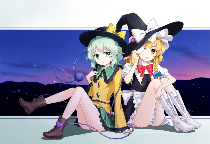 2girls apron back-to-back back_bow blonde_hair blue_bow boots bow braid buttons closed_mouth collar commentary cross-laced_footwear diamond_button frilled_collar frilled_shirt_collar frills full_body gem green_eyes green_hair hairbow hat hat_bow hat_tug heart kirisame_marisa knee_boots knees_up komeiji_koishi legs long_sleeves looking_at_viewer multiple_girls night open_mouth panties pantyshot photoshop_(medium) red_bow ribbon sailor_collar short_sleeves side_braid single_braid sitting smile star_(symbol) symbol-only_commentary thighs third_eye touhou tucana underwear wavy_hair white_bow white_footwear white_panties witch witch_hat yellow_bow yellow_eyes