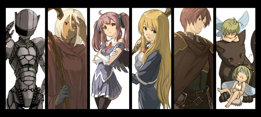 1boy 4girls androgynous android_(elona) bad_id bad_pixiv_id black_angel_(elona) black_cat_(elona) blonde_hair cloak column_lineup cute_fairy_(elona) defender_(elona) dress elona exile_(elona) fairy feline golden_knight_(elona) harusame_(rueken) highres multiple_girls pantyhose ribbon robe robot staff twintails weapon white_hair wings