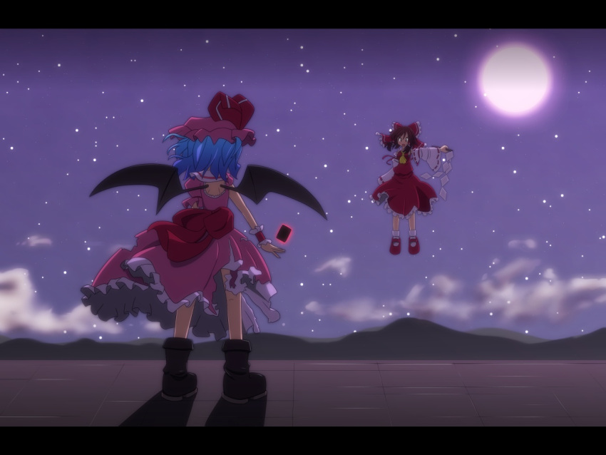 2girls ankle_boots ascot bat_wings black_hair blouse blue_hair bobby_socks boots bow cato_(monocatienus) cloud commentary_request detached_sleeves flying from_behind full_moon gohei hair_tubes hairbow hakurei_reimu hat hat_ribbon hill letterboxed long_sleeves mary_janes moon multiple_girls night night_sky outstretched_arm remilia_scarlet ribbon shirt shoes short_hair skirt sky socks spell_card standing star_(sky) torn_clothes touhou vest white_legwear wide_sleeves wings wrist_cuffs