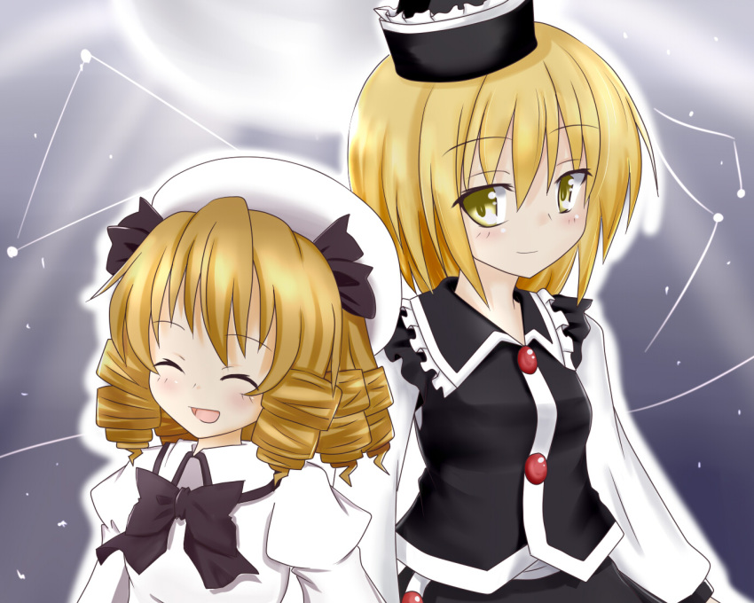 2girls beam blonde_hair bow buttons closed_eyes commentary_request constellation dress drill_hair grey_background hachimi hair_ribbon hat light long_sleeves looking_at_another luna_child lunasa_prismriver multiple_girls night night_sky open_mouth ribbon short_hair sky smile star_(sky) touhou vest white_dress yellow_eyes