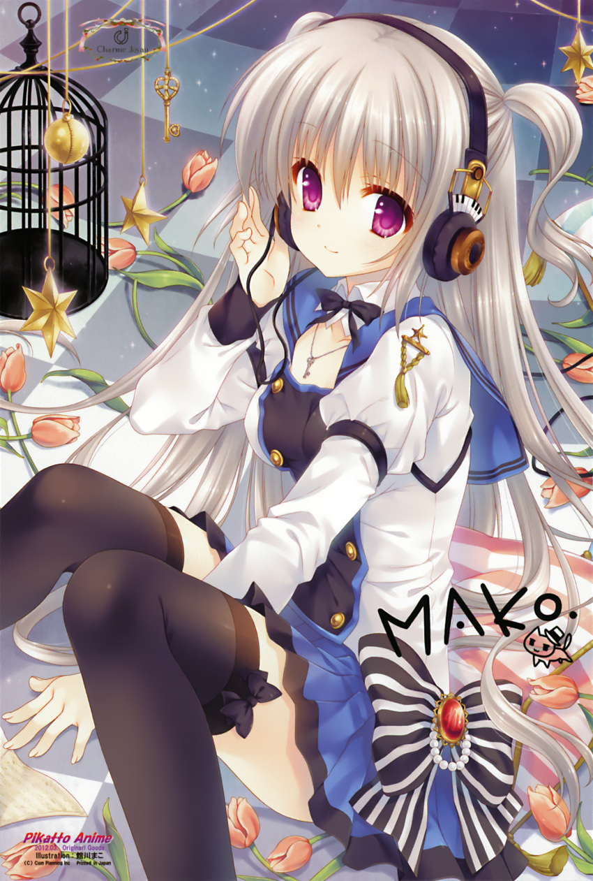 bad_link birdcage cage charm_(object) checkered_floor copyright_request female flower grey_hair headphones highres key knees_together_feet_apart purple_eyes sheet_music signature sitting star_(symbol) tatekawa_mako thighhighs two_side_up