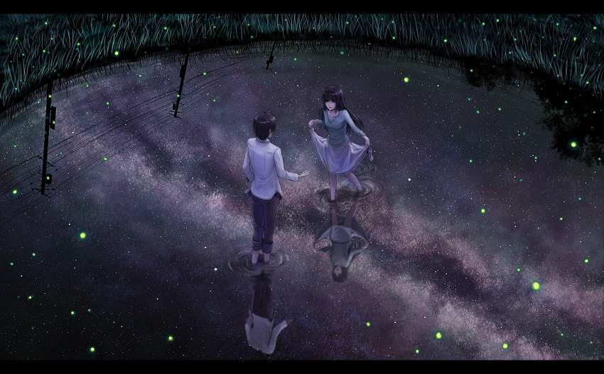 1boy black_hair commentary_request couple dress_shirt female fireflies grass highres letterboxed lif_(lif_&_ref) long_hair milky_way night original outdoors pants power_lines reflection ripples shirt skirt skirt_hold skirt_set sky star_(sky) starry_sky straight tanabata utility_pole wading water