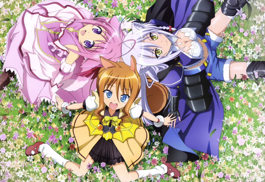 3girls absurdres animal_ears blue_eyes breasts brown_hair cat_ears cleavage dog_days dog_ears dog_girl dog_tail flower from_above highres ikawa_waki kuberu_e_pastillage leonmitchelli_galette_des_rois medium_breasts millhiore_f._biscotti multiple_girls nyantype official_art pink_hair purple_eyes scan squirrel_ears squirrel_girl squirrel_tail tail white_hair yellow_eyes