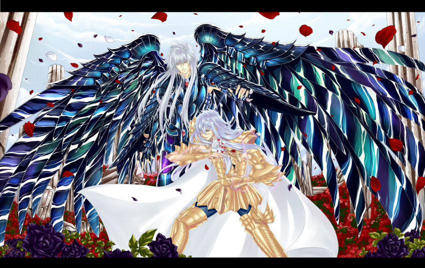 2boys armor commentary_request eagiel_ts flower full_armor gold_armor gold_saint griffin_minos male_focus metal_wings multiple_boys petals pisces_albafica saint_seiya saint_seiya:_the_lost_canvas wings