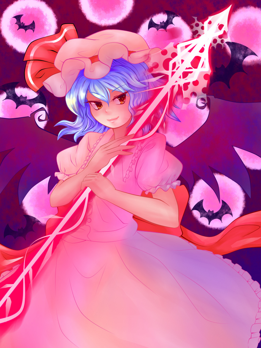 bat_(animal) bat_wings blouse blue_hair bow buttons commentary_request eyelashes female full_moon hands_on_own_chest hat hat_ribbon highres ketama_(mokoneko) light_particles light_smile lips looking_away moon oerba_yun_fang purple_background red_eyes red_moon remilia_scarlet ribbon shirt short_hair skirt solo spear_the_gungnir touhou wings