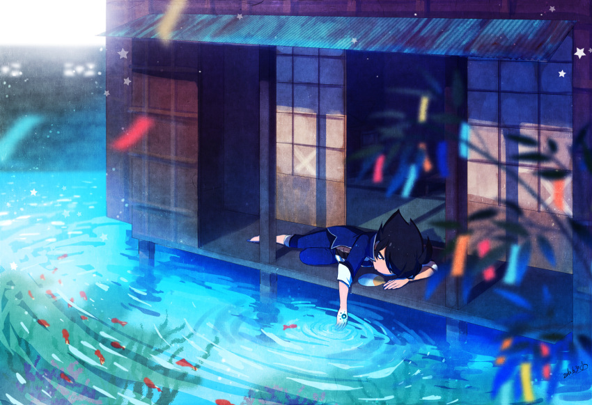 1boy bags_under_eyes barefoot black_hair fan fish flat_gaze frown ghost_shop_(ot-nm) glowing highres house jacket lying male male_focus nature on_side original ot-nm scenery short_hair solo star tattoo toma_(ot-nm) water white_eyes