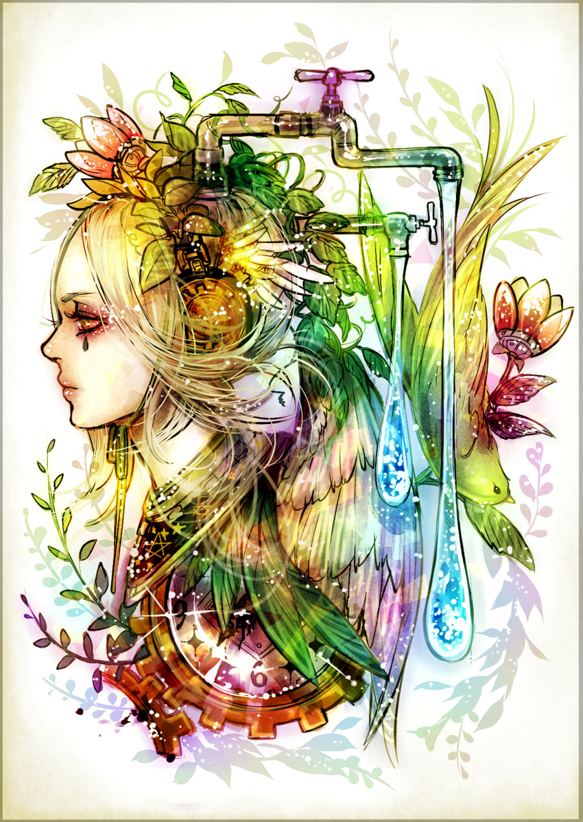 abstract absurdres bad_id bad_pixiv_id bird blonde_hair colorful female flower hair_flower hair_ornament highres kazari_tayu original surreal tears