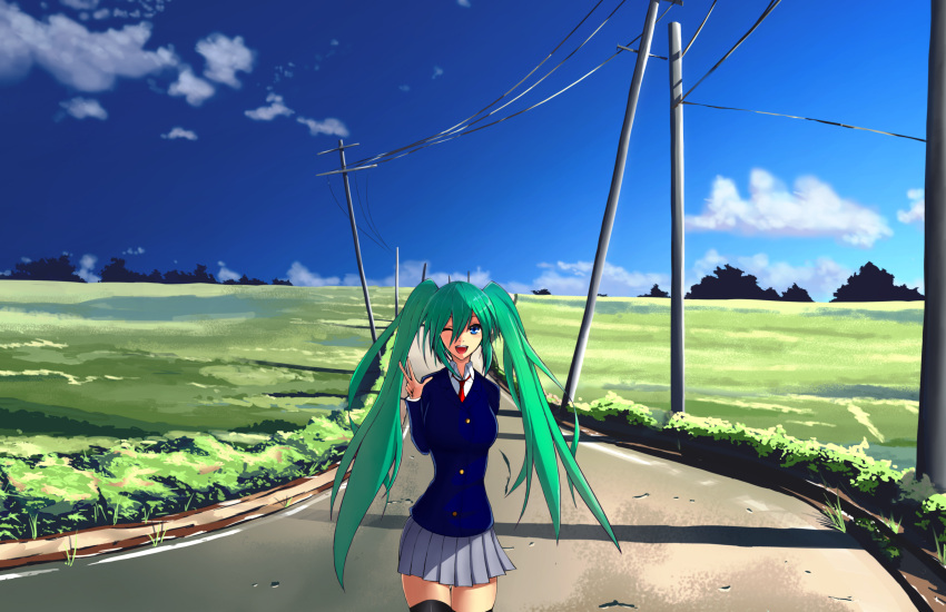 absurdres akatsuki_ikki aqua_hair bad_id bad_pixiv_id blue_eyes cloud day female hatsune_miku highres landscape long_hair outdoors photoshop_(medium) scenery school_uniform sky solo thighhighs twintails vocaloid