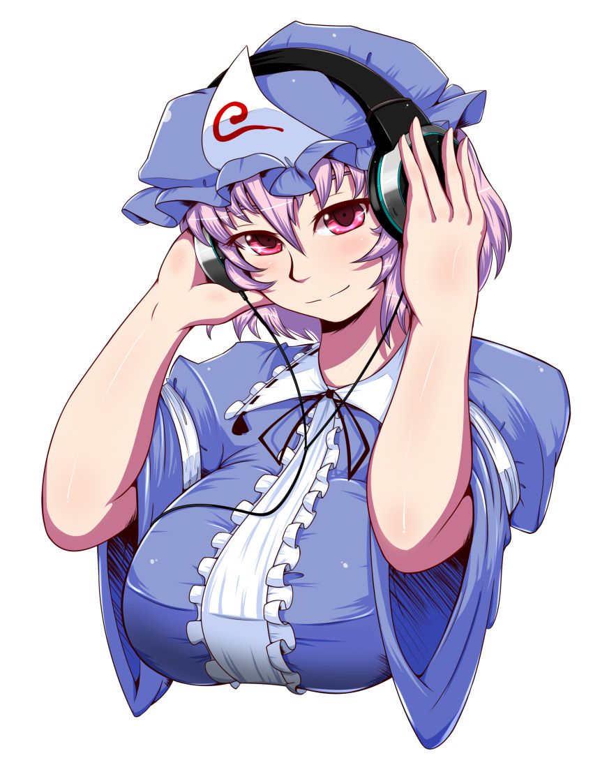 breasts commentary_request female hat headphones headphones_over_headwear highres huge_breasts japanese_clothes pink_eyes pink_hair safurantora saigyouji_yuyuko short_hair smile solo touhou transparent_background triangular_headpiece upper_body