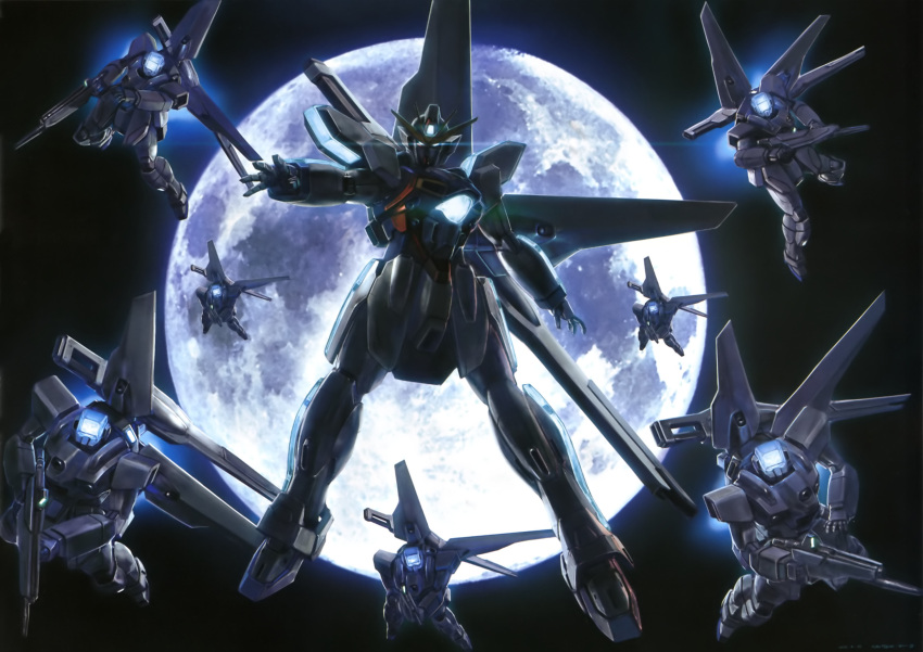 after_war_gundam_x artist_request beam_rifle energy_gun full_moon gun gundam gundam_x gx-bit highres mecha moon no_humans official_art robot satellite_cannon space weapon