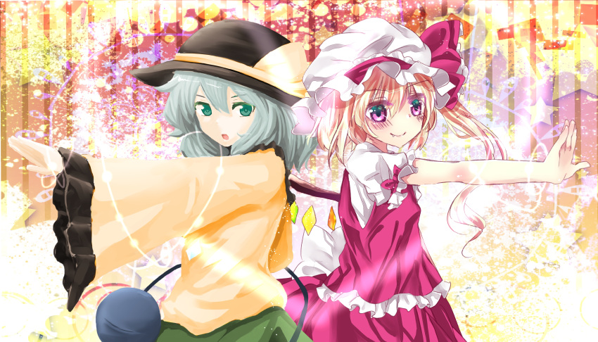 2girls absurdres blonde_hair blush cassandra_(seishun_katsu_sando) collaboration commentary_request eyeball fangs flandre_scarlet ginzuki_ringo green_eyes green_hair hat hat_ribbon highres komeiji_koishi multiple_girls open_mouth red_eyes ribbon short_hair side_ponytail skirt smile third_eye touhou wings