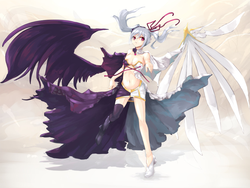 angel_wings asymmetrical_legwear asymmetrical_wings bare_shoulders black_wings boots breasts cleavage cloud cloud_background commentary_request compressed_breasts dacho demon_wings fallen_angel feathered_wings female grey_hair hair_ribbon highres idolmaster idolmaster_cinderella_girls kanzaki_ranko large_breasts long_hair mismatched_wings multicolored_clothes navel parted_lips photoshop_(medium) red_eyes red_ribbon ribbon solo thigh_boots thighhighs twintails white_wings wings