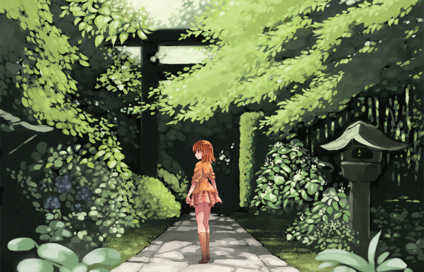 akatsuki_miho akemiho_tabi_nikki bad_id bad_pixiv_id day female gendai_ninjakko_zukan kouno_hikaru looking_back outdoors real_world_location short_hair skirt solo stone_lantern