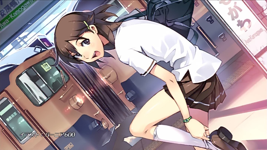 :d adjusting_clothes adjusting_shoe anime_screenshot bag brown_eyes brown_hair dutch_angle end_card female hair_ornament hairclip indoors kamogawa_girls'_high_school_uniform kneehighs kyouno_madoka open_mouth pleated_skirt rinne_no_lagrange school_uniform short_hair skirt smile socks solo standing standing_on_one_leg tactile_paving train train_station vania600 watch white_socks wristwatch