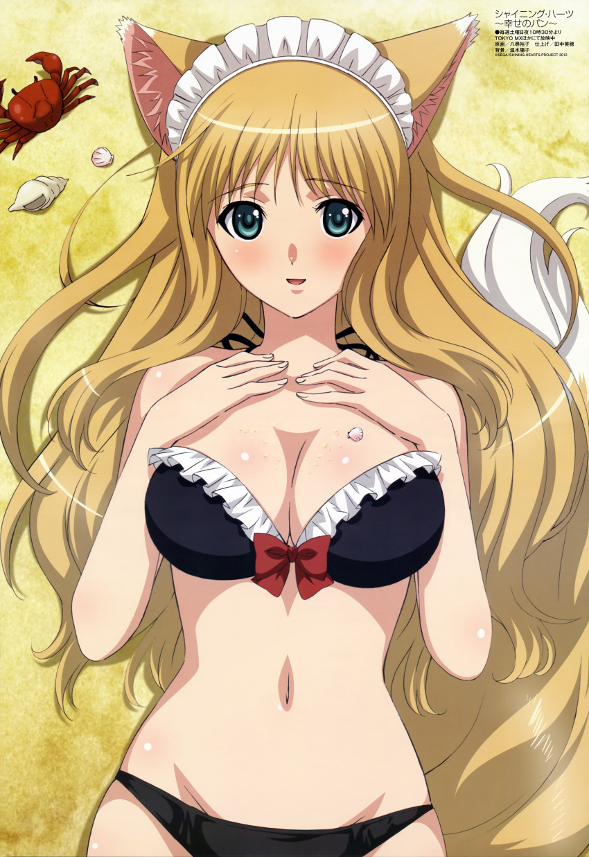 absurdres animal_ears bikini black_bikini blush breasts brown_hair cleavage crab female green_eyes headdress highres imageboard_desourced large_breasts long_hair lorna_(shining_hearts) lying megami_magazine navel non-web_source official_art on_back shining_(series) shining_hearts solo swimsuit tail very_long_hair yahiro_yuuko