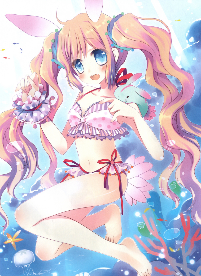 :d absurdres air_bubble animal_ears bad_link barefoot bikini blue_eyes blush brown_hair bubble collarbone copyright_request feathers female floating_hair full_body highres hinayuki_usa jellyfish long_hair looking_at_viewer navel ocean open_mouth pink_bikini smile solo swimsuit toes twintails underwater very_long_hair water wavy_hair