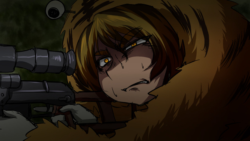 animal_costume animal_print battlefield:_bad_company_2 battlefield_(series) blonde_hair brown_hair camouflage commentary_request female gun multicolored_hair rifle short_hair sniper_rifle sniping solo sweat sweatdrop tiger_costume tiger_print tora_(trampjing) toramaru_shou touhou two-tone_hair vss_vintorez weapon yellow_eyes