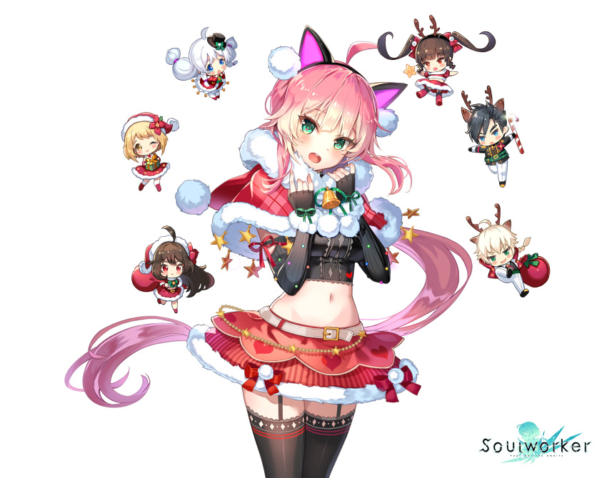 2boys 5girls :o ahoge animal_ears aqua_eyes belt black_gloves black_legwear black_shirt breasts capelet cat_ears chibi chii_aruel christmas cowboy_shot crop_top elbow_gloves erwin_arclight fake_animal_ears fingerless_gloves floating_hair fur-trimmed_capelet fur_trim garter_straps gloves gradient_hair hairband hands_up haru_estia highres iris_yuma jin_seipatsu kyjsogom large_breasts lily_bloomerchen long_hair looking_at_viewer low_ponytail midriff miniskirt multicolored_hair multiple_boys multiple_girls navel official_art open_mouth pink_hair plaid pom_pom_(clothes) red_skirt ribbed_gloves shirt skirt sleeveless sleeveless_shirt soulworker stella_unibell stomach thighhighs very_long_hair zettai_ryouiki