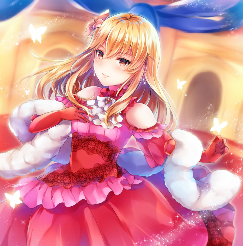 ayame_(norie11) bare_shoulders black_legwear blonde_hair brown_eyes closed_mouth dress feather_boa female fire_emblem fire_emblem:_genealogy_of_the_holy_war fire_emblem_heroes flower frilled_dress frills gloves hair_flower hair_ornament lachesis_(fire_emblem) lachesis_(masquerade)_(fire_emblem) long_dress long_hair official_alternate_costume red_dress smile solo