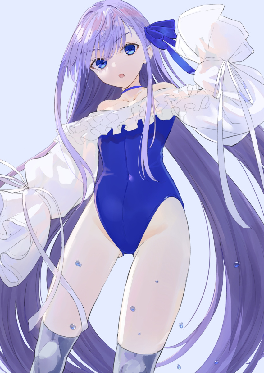 blue_eyes blue_one-piece_swimsuit casual_one-piece_swimsuit commentary cowboy_shot fate/grand_order fate_(series) female frilled_one-piece_swimsuit frills highleg highleg_swimsuit highres kei201107 long_hair long_sleeves looking_at_viewer meltryllis_(fate) meltryllis_(swimsuit_lancer)_(fate) meltryllis_(swimsuit_lancer)_(second_ascension)_(fate) off-shoulder_one-piece_swimsuit off_shoulder one-piece_swimsuit over-kneehighs purple_hair sleeves_past_fingers sleeves_past_wrists solo swimsuit thighhighs