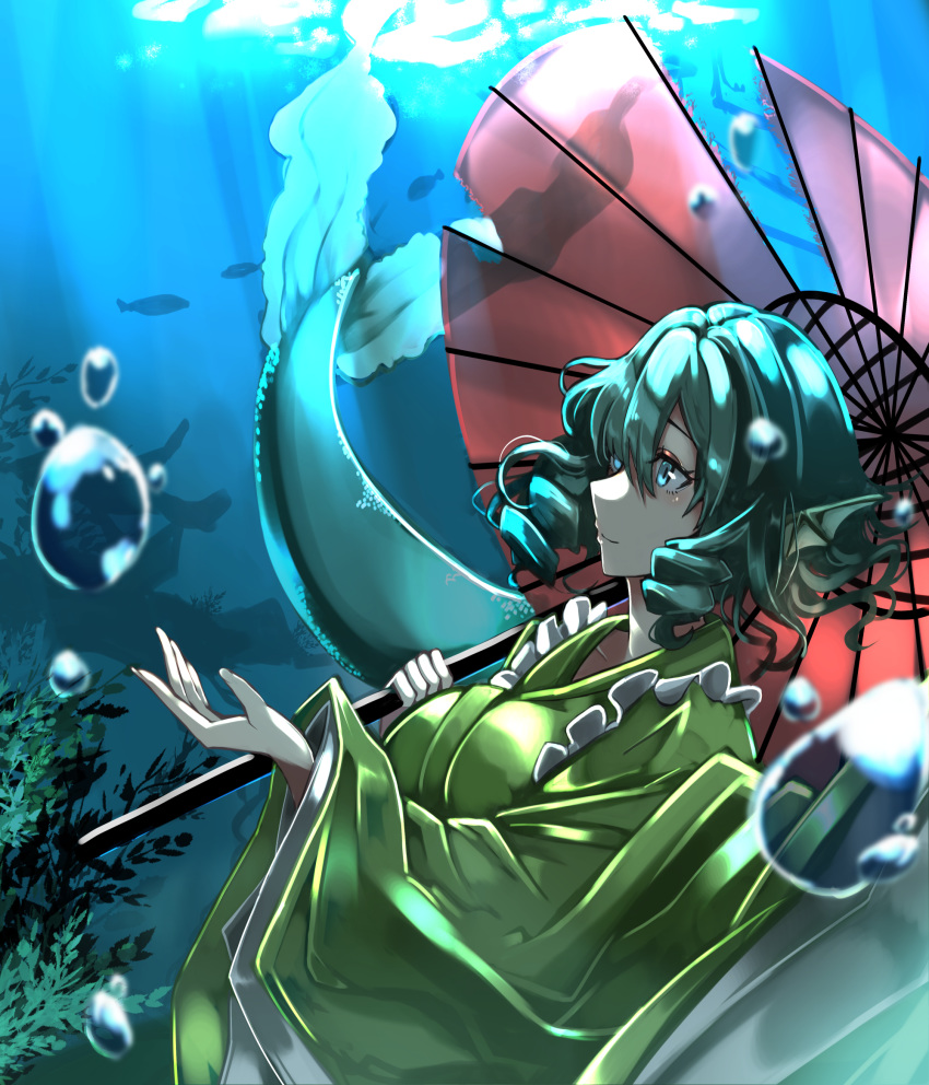 animal_ears blue_eyes blue_hair commentary_request drill_hair female fins head_fins highres japanese_clothes kimono mermaid monster_girl takena-c touhou umbrella underwater wakasagihime