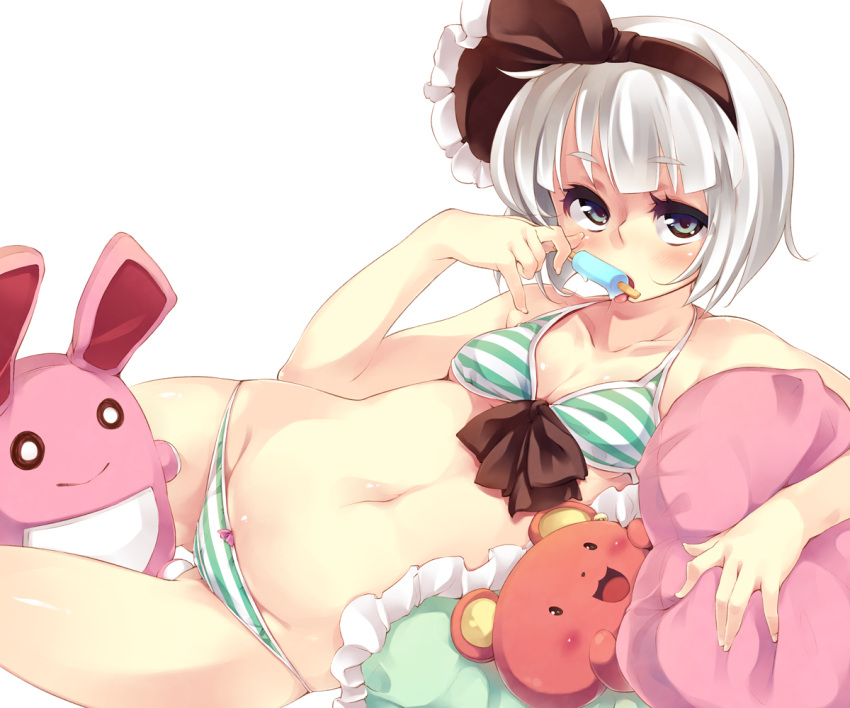 :d bare_shoulders bikini black_hairband blue_eyes blush breasts cleavage commentary_request eating female food green_eyes groin hairband holding konpaku_youmu lowleg lowleg_panties lying navel on_side open_mouth panties photoshop_(medium) pillow popsicle short_hair simple_background small_breasts smile soine solo striped_bikini striped_clothes stuffed_animal stuffed_rabbit stuffed_toy swimsuit touhou underwear white_background white_hair