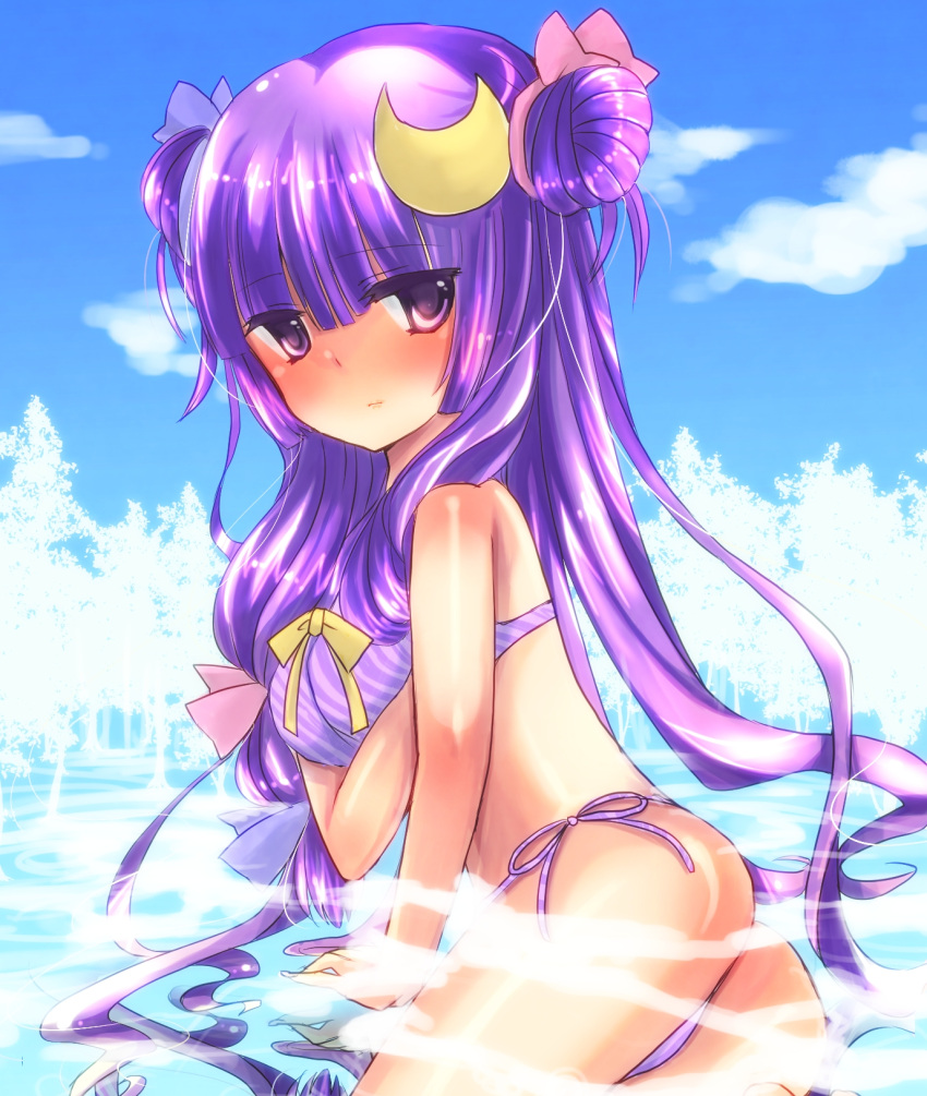 alternate_hairstyle bare_shoulders bikini chou_nemui commentary_request crescent crescent_hair_ornament double_bun female hair_bun hair_ornament highres long_hair no_headwear patchouli_knowledge purple_eyes purple_hair side-tie_bikini_bottom solo swimsuit touhou very_long_hair